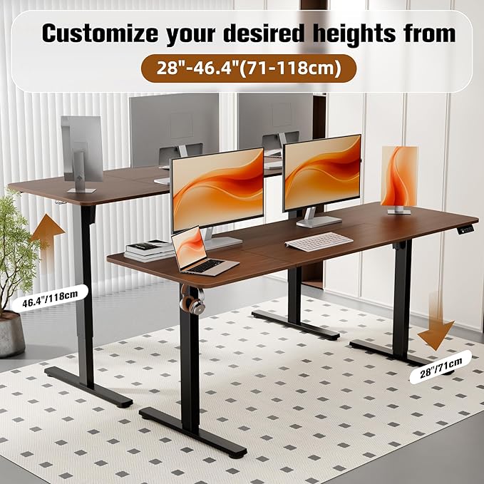 ERGOMAKER Electric Standing Desk, 67" x 23.6" Height Adjustable Sit Stand Desk with Splice Board for Home Office, Computer Desk Memory Preset (Black Frame, Walnut Desktop)