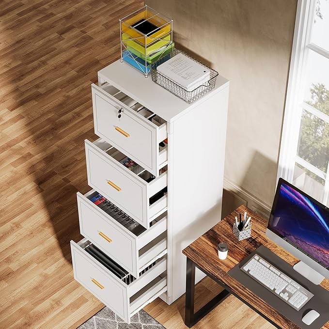 Tribesigns 4 Drawer File Cabinet with Lock, Locked File Cabinet with Key, Tall Wooden Filing Cabinets for Home Office, Vertical Office Storage for Legal Size/Letter/A4/Files, White
