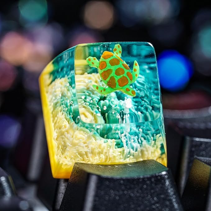 Sea Turtle Artisan Keycap Light Yellow Green Coral R1 SA Profile Custom Sea Creatures Keycaps 1U ESC Handmade Gaming Resin Key Cap Cherry MX Switch Compatible Mechanical Keyboard Turtle Lover Gift