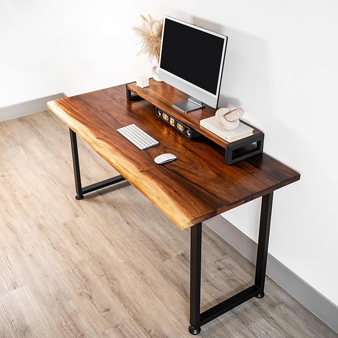 Solid Walnut Wood Computer Desk with Monitor Stand – Live Edge Wooden Home Office Desk – Handmade Real Wood Table for Work, Study, or Gaming - 60” x 27”