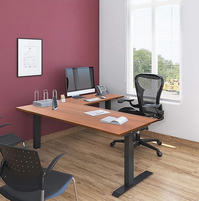 Stand Up Desk Store Crank Adjustable Height L-Shaped Standing Desk with Steel Frame (Black Frame/Teak Top, 72" Wide)