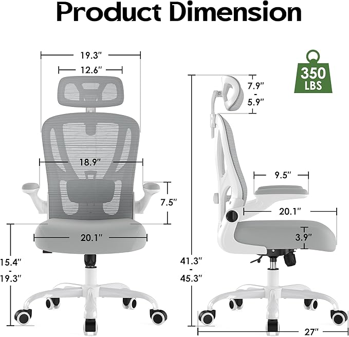 Office Chair Ergonomic Desk Chair - Mesh High Back Office Chair with Headrest Wheels Lumbar Support Home Desk Office Chairs Flip up Armrest Executive Rolling Swivel Task Computer Chair White