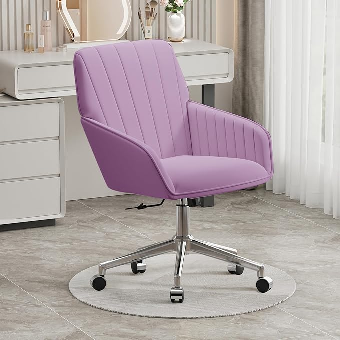 YISHENG Velvet Office Desk Chair with Silver Base, with Wheels,Modern Height Adjustable 360 Degree Swivel Upholstered Vanity Chairs with Arms for Living Room Bedroom,Light Purple