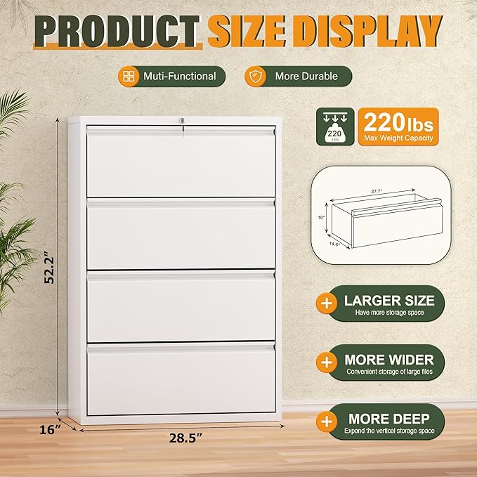 Greenvelly 4 Drawer Lateral File Cabinet with Lock, White Metal Filing Cabinet for Home Office, Locking Metal File Cabinet for Legal/Letter/A4/F4 Size with Hanging Bars&Key