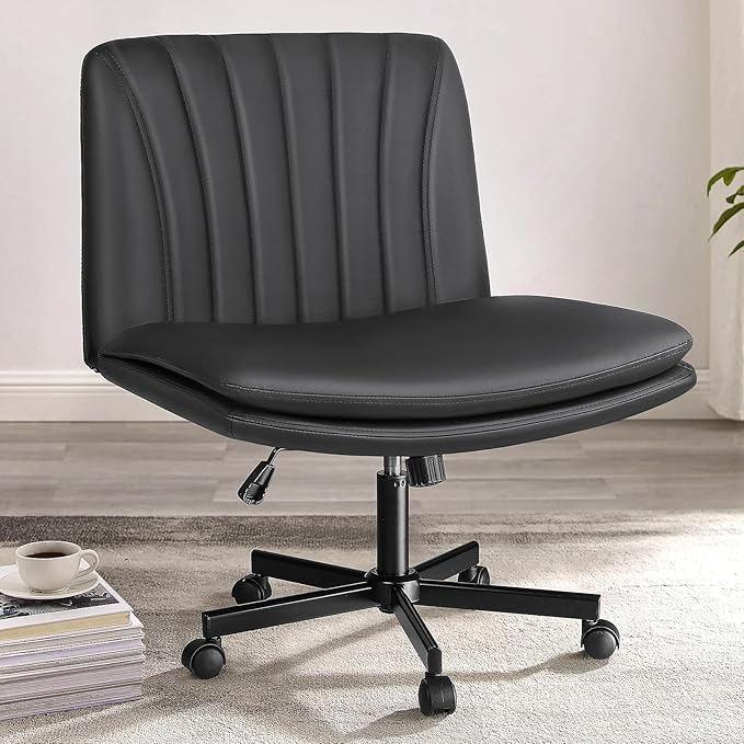 PUKAMI Criss Cross Chair with Wheels,PU Leather Armless Cross Legged Office Desk Chair for Home Office,Modern Swivel Height Adjustable Wide Seat,Grey