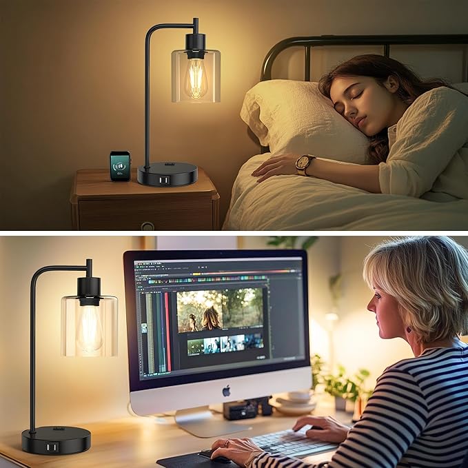 QiMH Industrial Touch Control Table Lampwith 2 USB Ports and AC Outlet, 3-Way Dimmable Bedside Nightstand Reading Lamps with Light Bulb, Glass Desk Lamp for Bedroom, Office