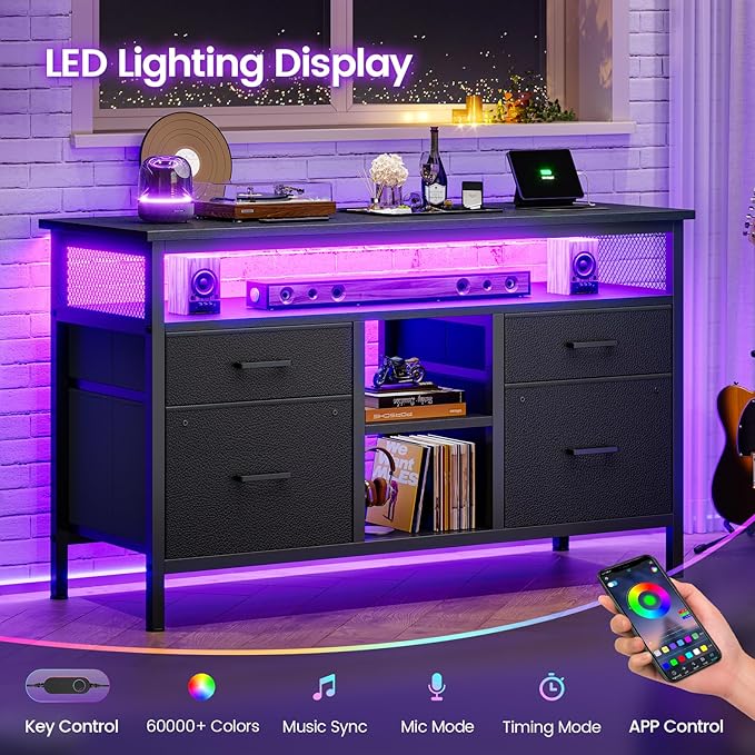 4 Drawer Lateral File Cabinet, Filing Cabinet with Outlet and LED Light, Printer Stand, Open Storage Shelf, Fabric Lateral Filing Cabinet for A4/Letter, for Home Office, Black