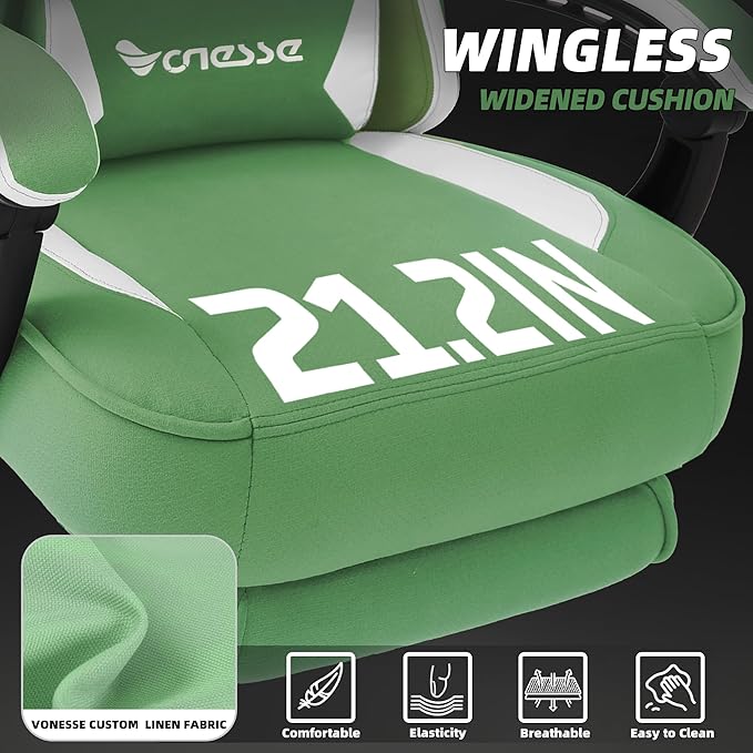 Vonesse Gaming Chair, Computer Chair Fabric with Pocket Spring Cushion, Office Chair with Footrest and Massage Lumbar Support, Reclining Gaming Chairs for Adults 250LBS (Green)