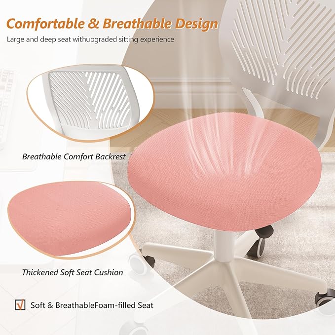 Armless Desk Chair, Height Adjustable Swivel Office Rolling Task Chairs with Soft Mesh Padded Cushion, Ergonomic Small Study Computer Chair for Girls Boys Teens (Pink, 4PCS)