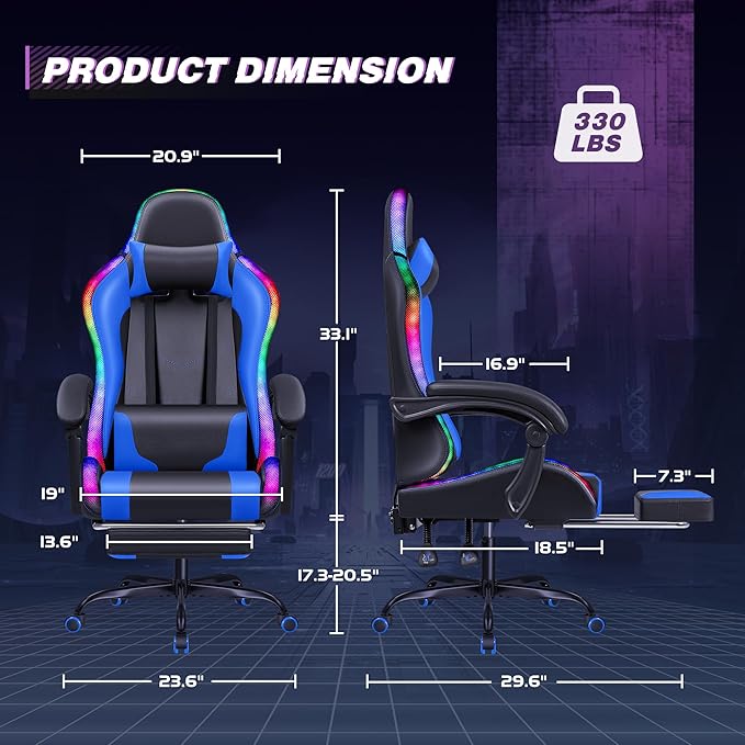 Homall Gaming Chair, Video Game Chair with Footrest and Massage Lumbar Support, Ergonomic Computer Chair Height Adjustable with Swivel Seat and Headrest (RGB Blue)