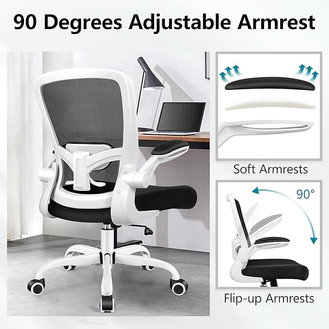 FelixKing Office Chair, Ergonomic Desk Chair Breathable Mesh Chairs Adjustable High Back Lumbar Support Flip-up Armrests, Executive Rolling Swivel Comfy Computer Chairs Home Office White