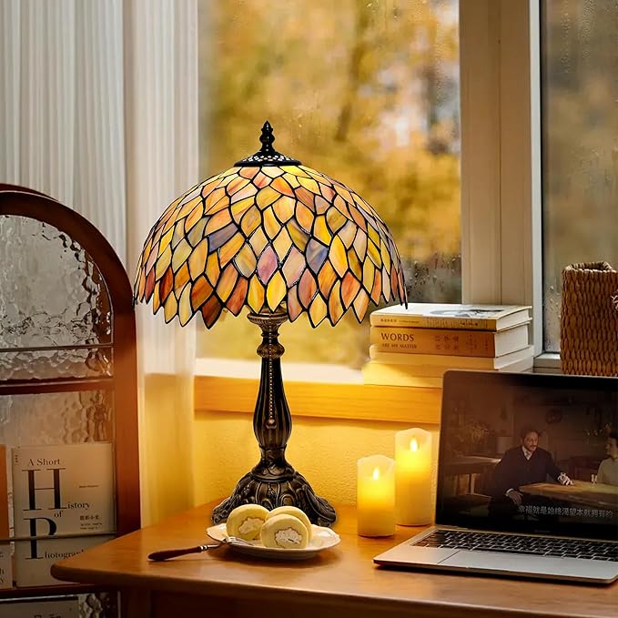 Tiffany Style Table Lamp Vintage Stained Glass Desk Lamp Mable Gradient Green Wisteria Bedside Reading Light Decor Bedroom Living Room Home Office D12 xH18