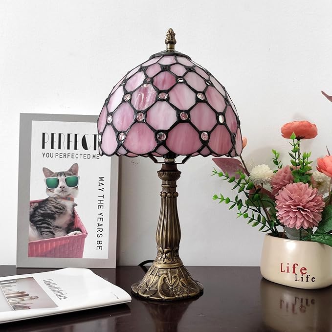 Tiffany Table Lamp 3-Way Light Handmade Bedside Lamp Small Desk Night Lamp Stained Glass Antique for Home Office Bedroom Living Room Study Room (Pink Pearls Style)