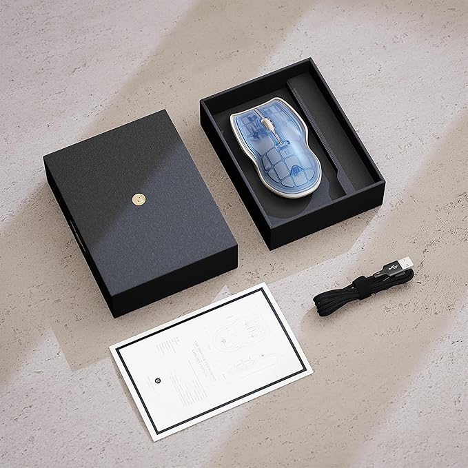 LUNAR ARTEFACTS Ambidextrous Rechargeable Bluetooth Wireless Computer Mouse Blue Translucent with White Powder Coated Aluminum, USB-C