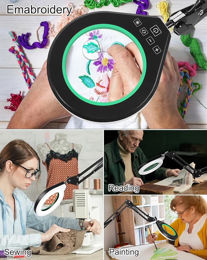 10X & 5X Magnifying Glass with Light, Ultra Long Swing Arm, 5 Colors & 10 Brightness, Real Glass Lens Large Magnifying Lamp for Craft Painting Workbench Jewelry Making Hobby Close Work (Green)