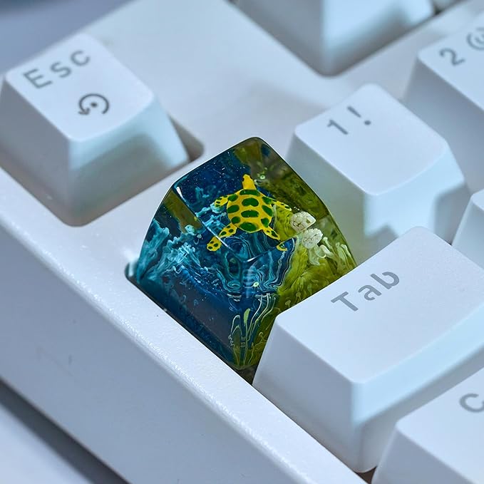 Sea Turtle Artisan Keycap Navy Blue Ocean Coral R1 SA Profile Custom Sea Creatures Keycaps 1U ESC Handmade Gaming Resin Key Cap Cherry MX Switch Compatible Mechanical Keyboard Turtle Lover Gift