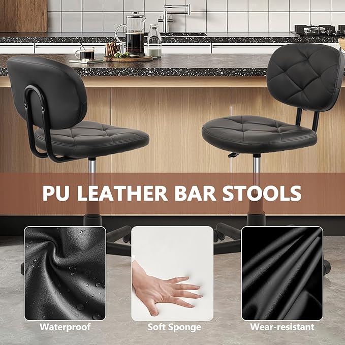 Rolling Stool Chair with PU Leather Backrest and Adjustable Height for Computer Home Standing Desk 2 Pack