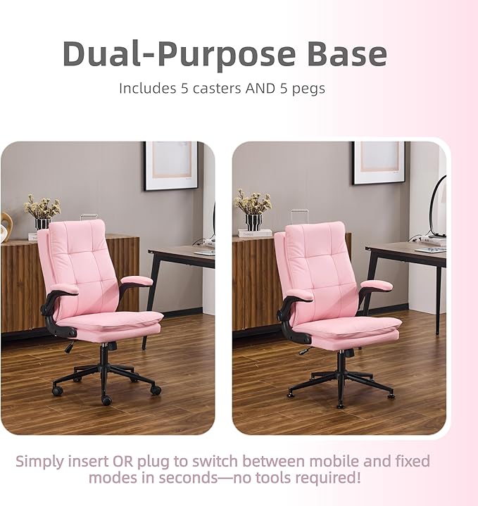 VINGLI Comfy Pink Leather Office Desk Chair,High-Back Ergonomic Computer Small Gaming Chair with/No Wheels,Adjustable Height,Flip-Up Arms,360° Swivel for Vanity,Home Office,Adults,Teen,Girls&Women