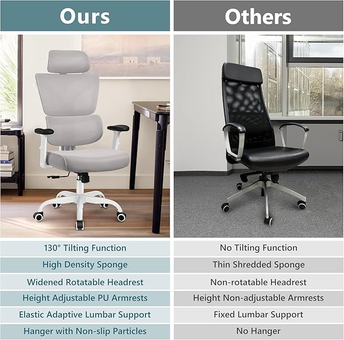 Winrise Office Chair Ergonomic Desk Chair, High Back Gaming Chair, Big and Tall Reclining Chair Comfy Home Office Desk Chair Lumbar Support Breathable Mesh Computer Chair Adjustable Armrests (Gray)