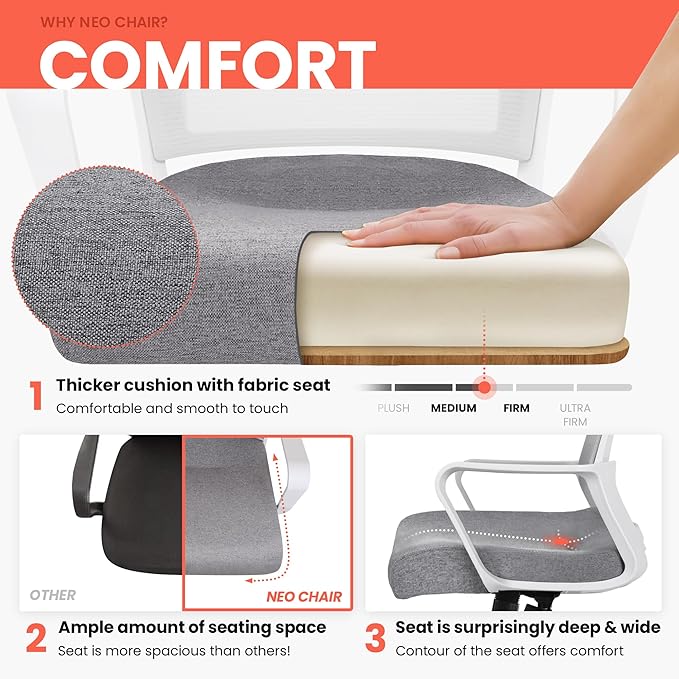 NEO CHAIR Office Chair Gaming Desk Computer Chair Ergonomic Mesh Mid Back with Wheels Lumbar Support Comfy Swivel Adjustable for Home (Grey)