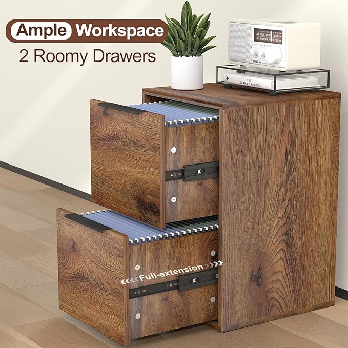 LUCYPAL 2-Drawer Wood File Cabinet,Wooden Drak Brown File Cabinets for Letter Size,Under Desk Filing Cabinet for Home Office,Assembly Required