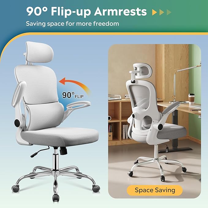 DEVAISE Office Chair, Breathable White Mesh Elegance with Ergonomic Comfort for Professionals & Gamers
