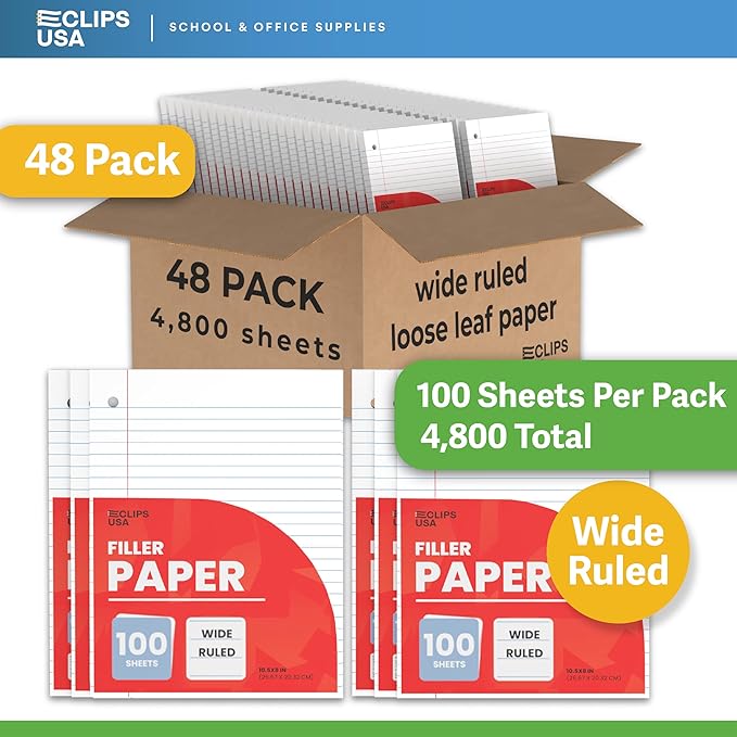 Notebook Paper, Loose Leaf Paper (48 Pack Bulk), Wide Ruled Paper, 10.5” x 8”, Filler Paper, 100 Sheets Per Pack, 60 gsm (48 Pack)