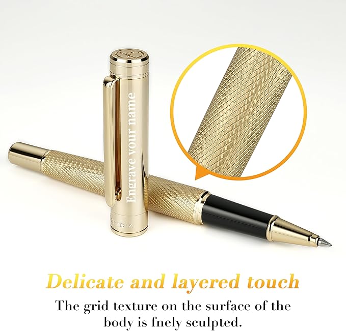 Gold Personalized Rollerball Pen, Stunning Luxury Pen with Mesh Texture Design and 24K Gold Finish, Fancy Gift Set for Men & Women, Business Signature, Executive, Office,Fancy Designer Pens