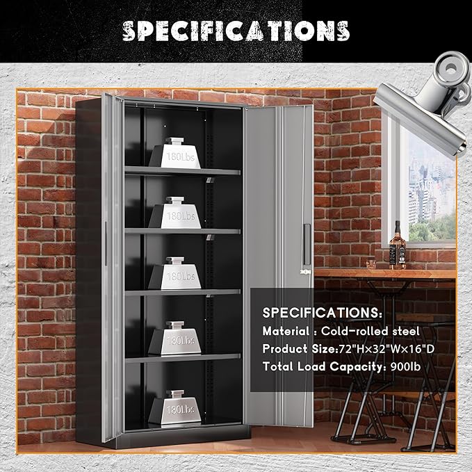 Greenvelly Metal Storage Cabinet, Locking Steel Garage Cabinets with Doors and Adjustable Shelves, Metal Tool Cabinets for Garage,Home Office,School (Black Grey)