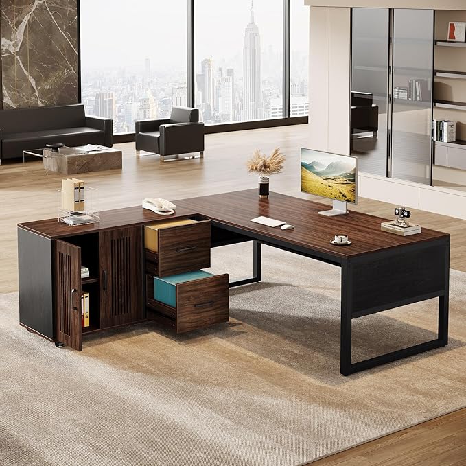 Tribesigns 63-Inch L-Shaped Executive Desk with Mobile File Cabinet, Large Office Computer Desk, Business Furniture Table with Drawers and Storage Shelves for Home Office, Dark Walnut & Black