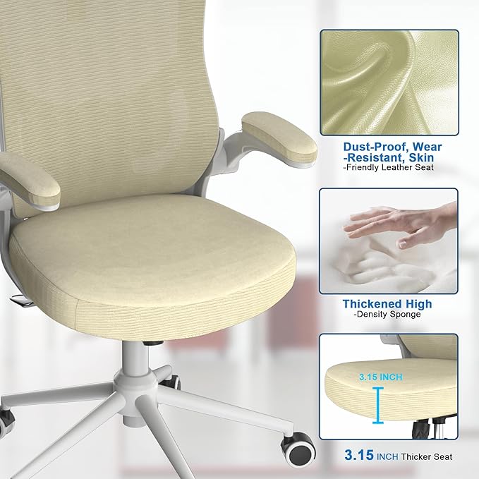 Ergonomic Office Chair with Adjustable Headrest & Lumbar Support - High Back Desk Chair with Flip-Up Arms, 360 Swivel Executive Computer Task Chair (Modern Beige)