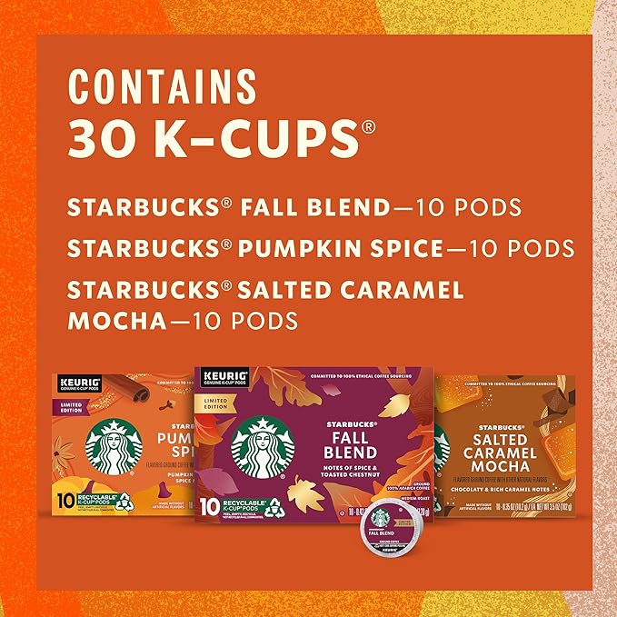 Starbucks K-Cup Coffee Pods Fall Bundle, Medium Roast and Naturally Flavored Coffee for Keurig Brewers, 100% Arabica, Limited Edition, 3 Boxes (30 Pods Total)