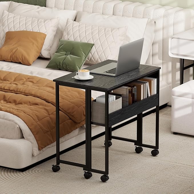 HOMCOM Small Folding Desk, Rolling Computer Desk Foldable with Storage Bag and Shelf, 31.5" Portable Writing Table on Wheels for Small Spaces, Home Office, Study, Easy Assembly, Black