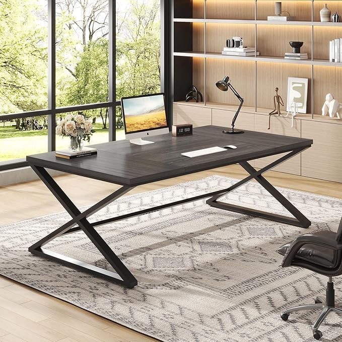 IBF 70 Inch Large Desk, Long Computer Desk for Writing Study, Industrial Home Office Work Executive Desk for Bedroom, Wood Metal Pc Gaming Workstation Computer Table for 2 Monitors, Dark Gray Oak