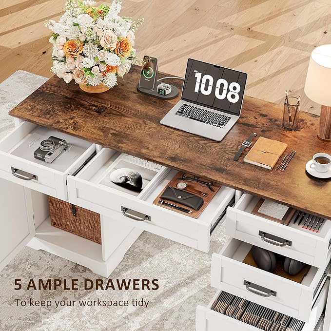 Whalefall 55'' Farmhouse Desk Home Office with Drawers, Executive Computer Desk Wooden with File Cabinet and Charging Station, White