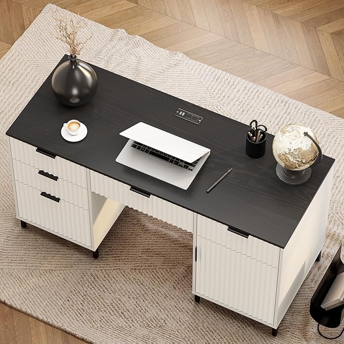 Modern Fluted Executive Desk with File Drawer, 55" Large Computer Desk with Storage and Charging Station, Wooden Home Office Desk for Workspace, Writing, Study, Black/White