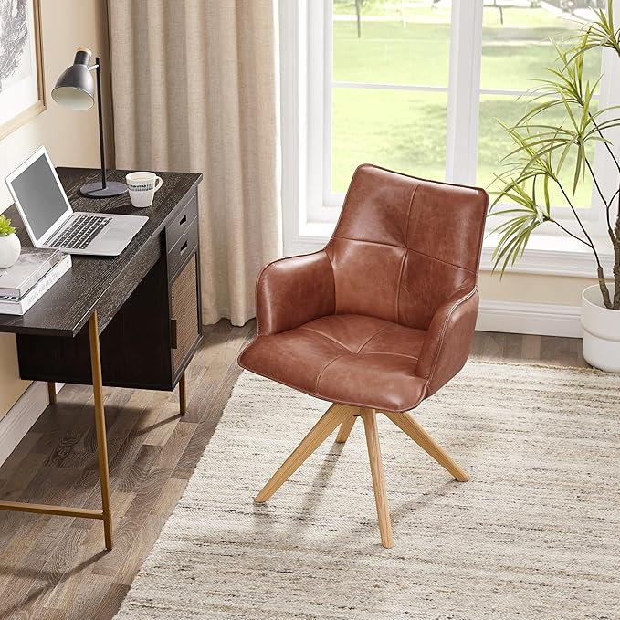 Art Leon Mid Century Desk Chair - Genuine Leather Upholstered Office Chair No Wheels, Swivel Accent Chair with Black Oak Wood Legs for Small Space Living Room Bedroom, Set of 2, Red Brown
