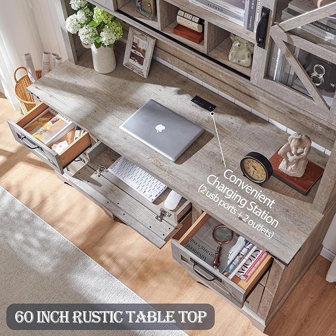 RedLemon 60" Farmhouse Desk with Hutch, Wood Home Office Executive Desk with Drawer, Charging Station, Keyboard Tray, File Drawer, Storage Cabinet, Rustic Writing Computer Desk (Light Rustic Oak)