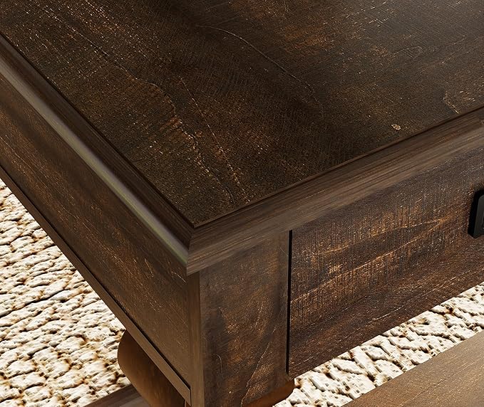WAMPAT 60-inch Vintage Wood Home Office Desk with Stable Solid Wood Pedestral Legs, Tradional Rustic Executive Desk with Deep Drawers and Power Outlets for Office,Study,Dark Walnut Brown