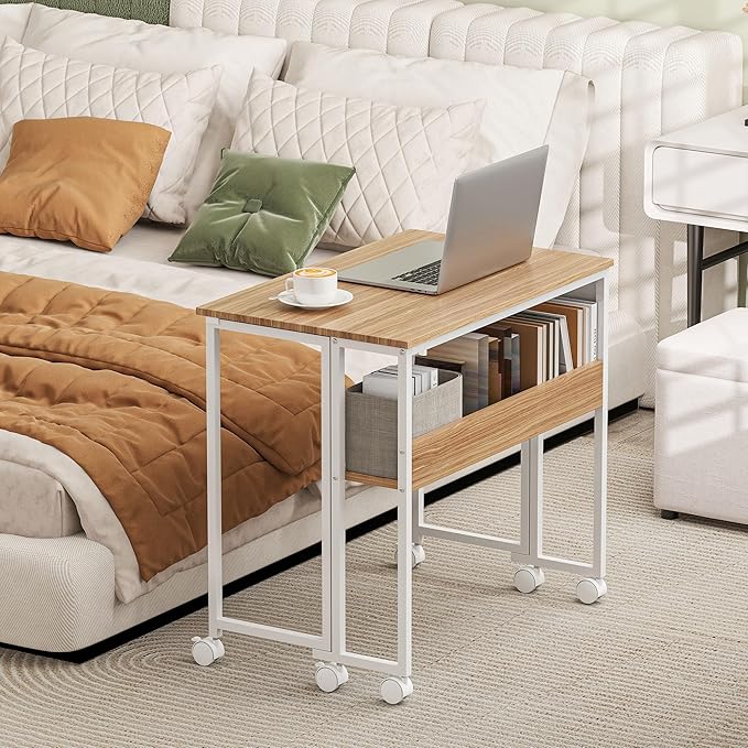 HOMCOM Small Folding Desk, Rolling Computer Desk Foldable with Storage Bag and Shelf, 31.5" Portable Writing Table on Wheels for Small Spaces, Home Office, Study, Easy Assembly, Natural Wood