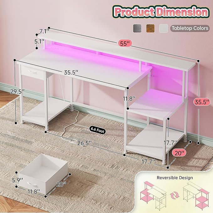 55" W Computer Desk, Office Desk with LED & Power Outlet, Gaming Desk with Printer Storage Shelves & Storage Drawer, Study Table with Monitor Shelf, Dorm Room Essentials, White