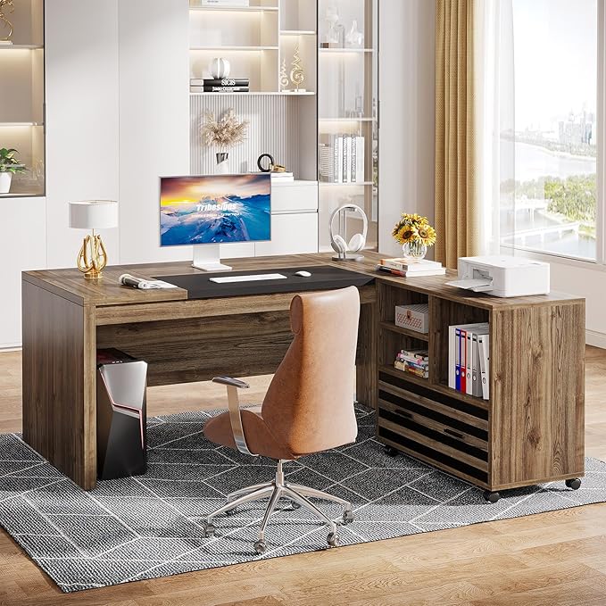 Tribesigns 62.2" Executive Desk with Mobile File Cabinet, L-Shaped Office Desk with Storage Shelves, Large Computer Desk Business Workstation Set for Home Office, Light Brown