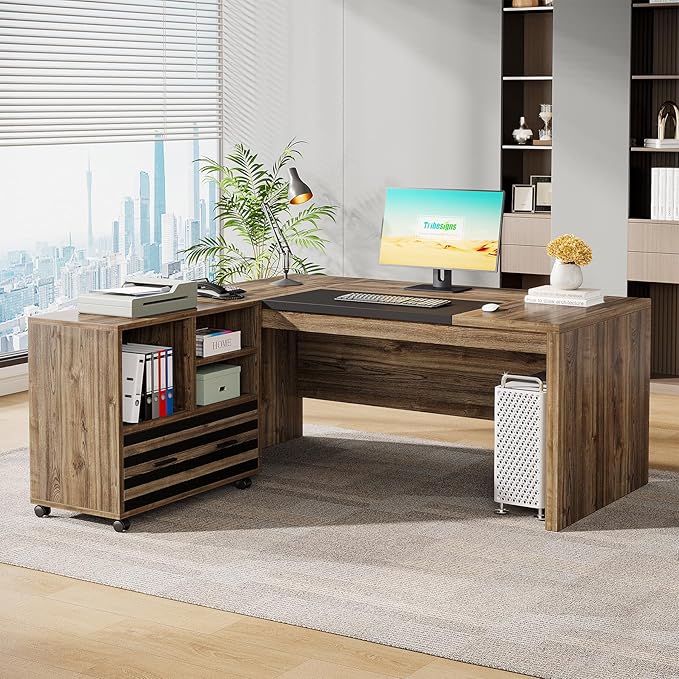 Tribesigns 62.2" Executive Desk with Mobile File Cabinet, L-Shaped Office Desk with Storage Shelves, Large Computer Desk Business Workstation Set for Home Office, Light Brown