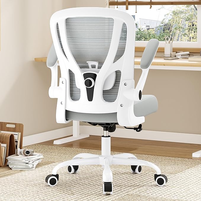 Office Chair Ergonomic Desk Chair - Mesh Computer Chair Breathable Task Chair with Wheels Adjustable Lumbar Support Home Desk Office Chairs Flip up Armrest Executive Rolling Swivel White