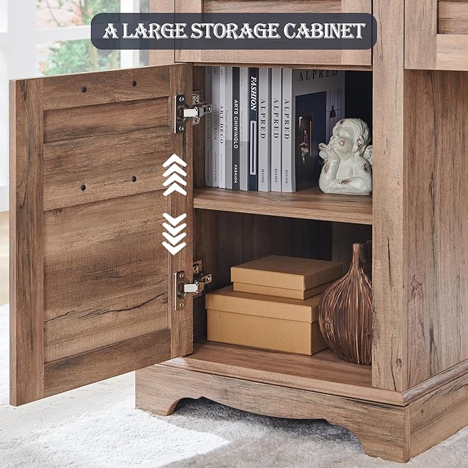 RedLemon 60" Farmhouse L Shaped Executive Desk with Drawers, Wood Home Office Corner Desk with Charging Station, File Drawer, Storage Cabinet, Rustic Computer Writing Desk (Natural Oak)