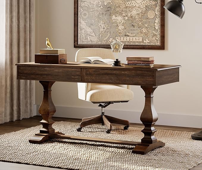 WAMPAT 60-inch Vintage Wood Home Office Desk with Stable Solid Wood Pedestral Legs, Tradional Rustic Executive Desk with Deep Drawers and Power Outlets for Office,Study,Dark Walnut Brown