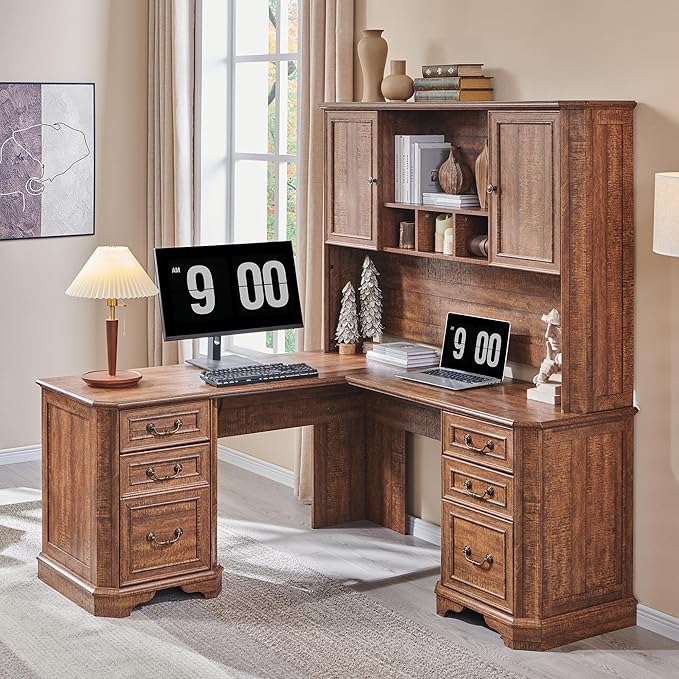 T4TREAM 59" Executive L Shaped Desk with Hutch,Victorian Wood Computer Desk, Featuring Charging Station,File Drawer, Storage Cabinet,for Home Office Work and Study (Reclaimed Barnwood)