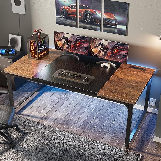 Huuger 63 x 31.5 inch Desk with Power Outlets & USB-C, 1.2 Inch Thicker Desktop, Robust Metal Tubes, Deep Computer Desk, Heavy Duty Office Desk, Work Desk, Rustic Brown and Black