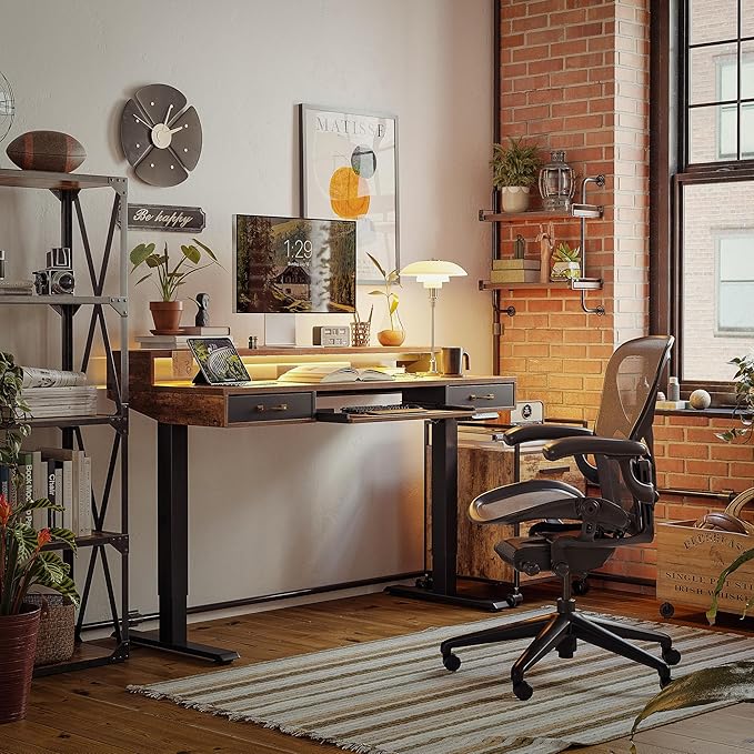 FEZIBO 48 x 24 Inch Height Adjustable Electric Standing Desk with Double Drawers&Keyboard Tray, Stand Up Desk with LED Strips&Monitor Stand,Rustic Brown Top