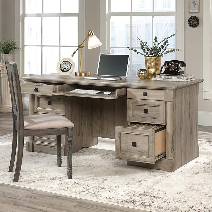 Sauder Palladia Office Desk with Drawers, Executive Desk with File Cabinet Storage, Cable Management, Keyboard Tray, in Split Oak Finish